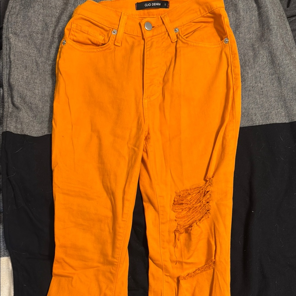 Neon Orange Ripped Flare Jean